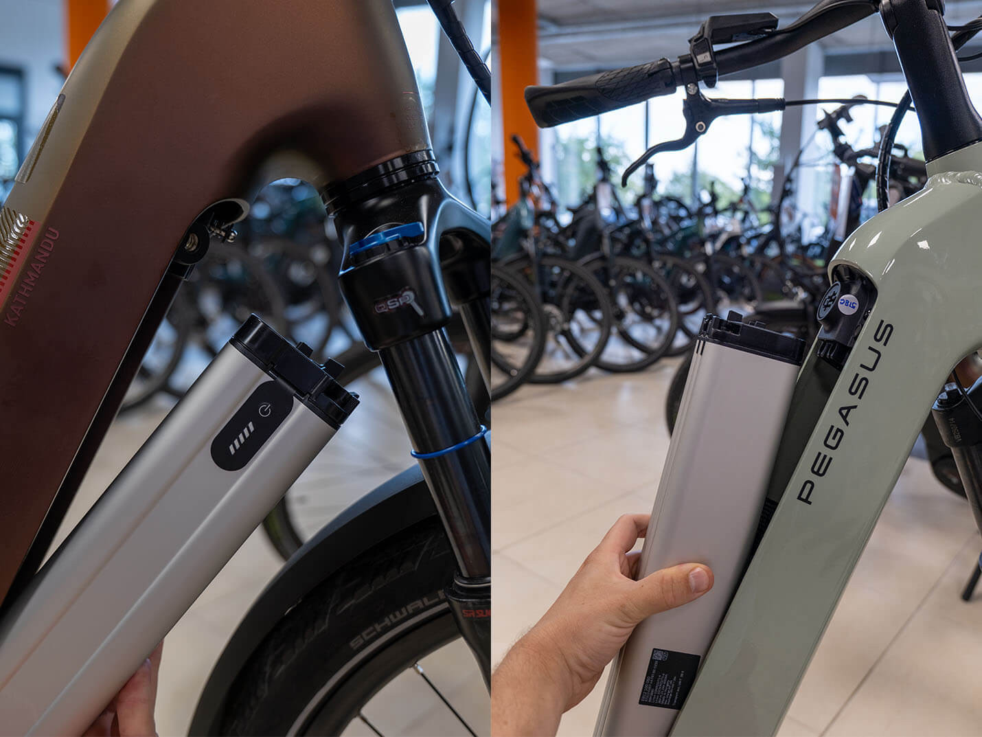 Bal oldalt egy alulról kivehető akkumulátor kialakítási ebike, jobb oldalt egy felülről kivehető