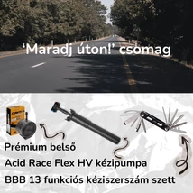'Maradj úton' csomag borítóképe, rajta úttal, kerékpárbelsővel, pumpával és kéziszerszámmal