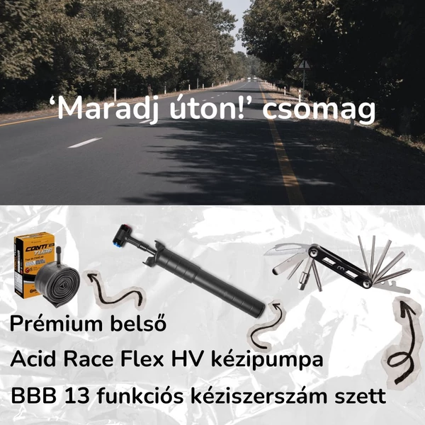 'Maradj úton' csomag borítóképe, rajta úttal, kerékpárbelsővel, pumpával és kéziszerszámmal